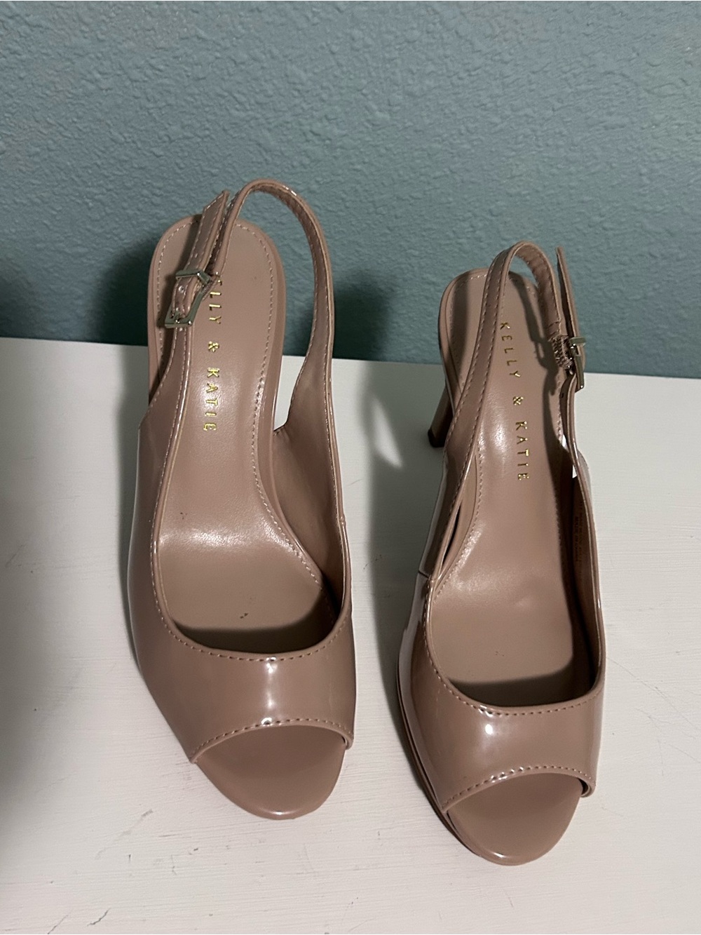 Kelly & Katie Patent Nude Slingback Peep-Toe Heels